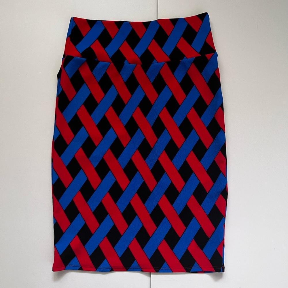 LuLaRoe Cassie Blue Red Geometric Print Skirt